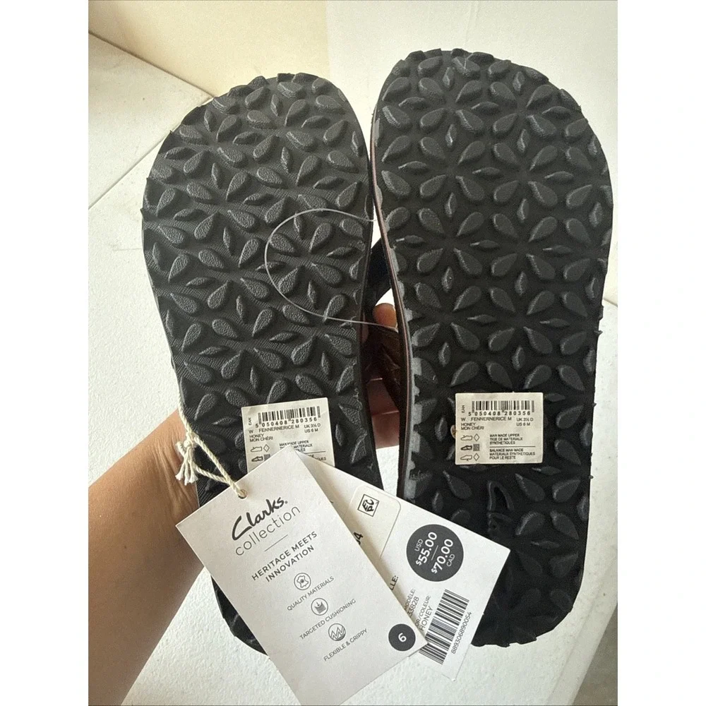 Clarks Collection Fenner Nerice Leather Braided Strap Flip Flops Brown Womens 6